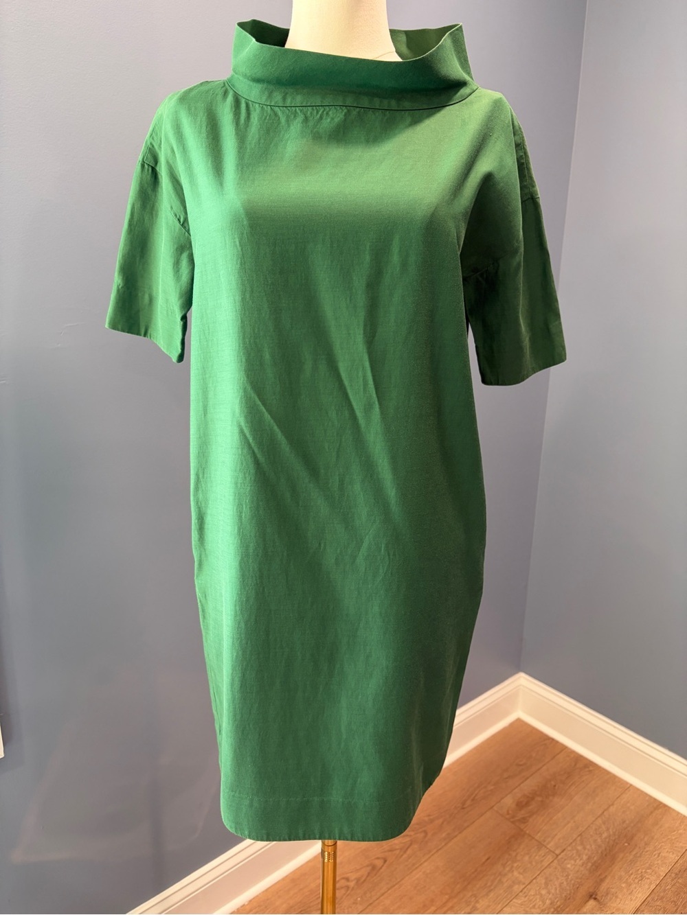 COS Emerald Green Cotton Shift Dress Funnel Neck Pockets Size US 2